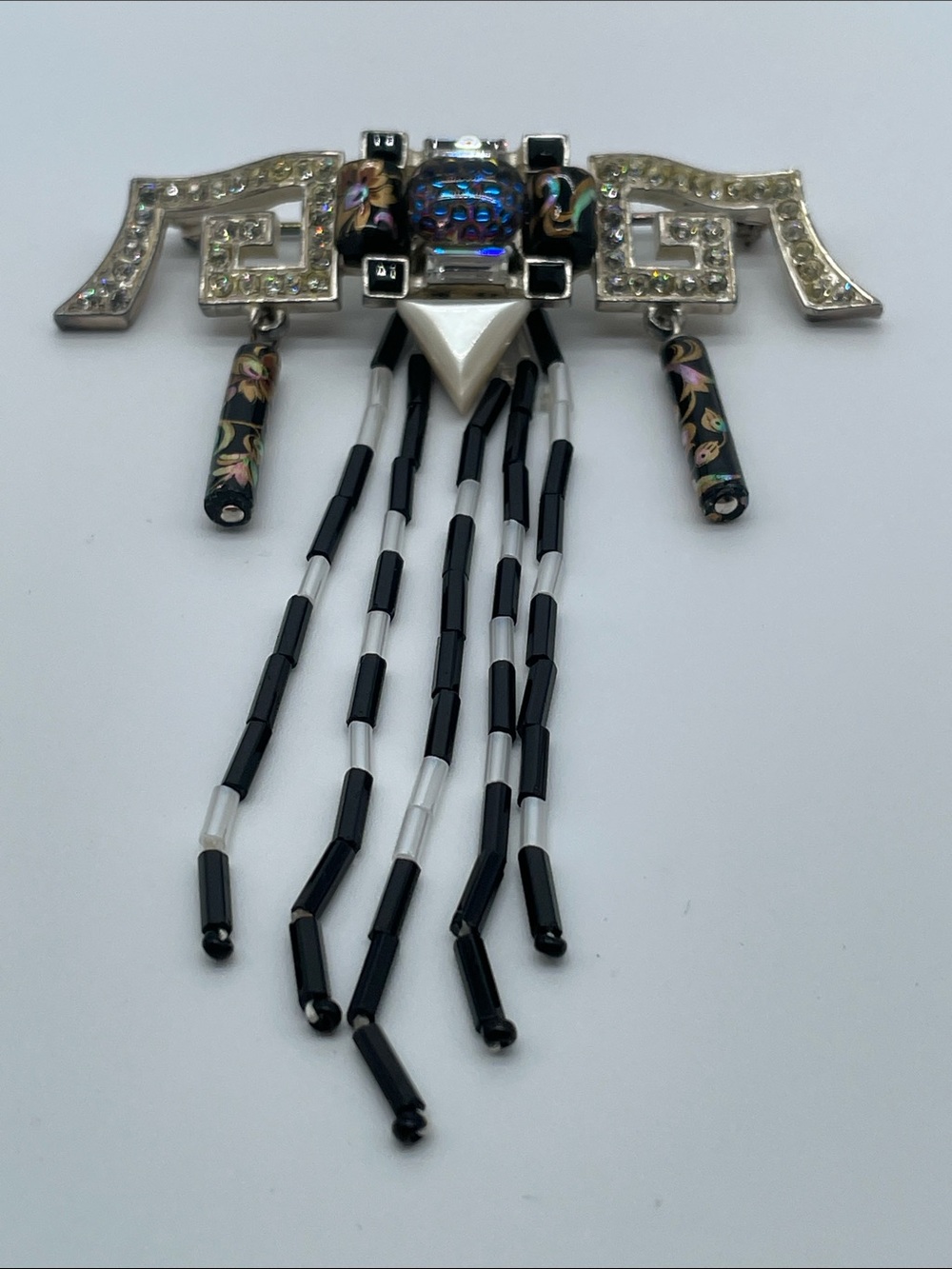 Christian Lacroix Silver and Black Glass, Crystal, Art Floral Enamel Accents
